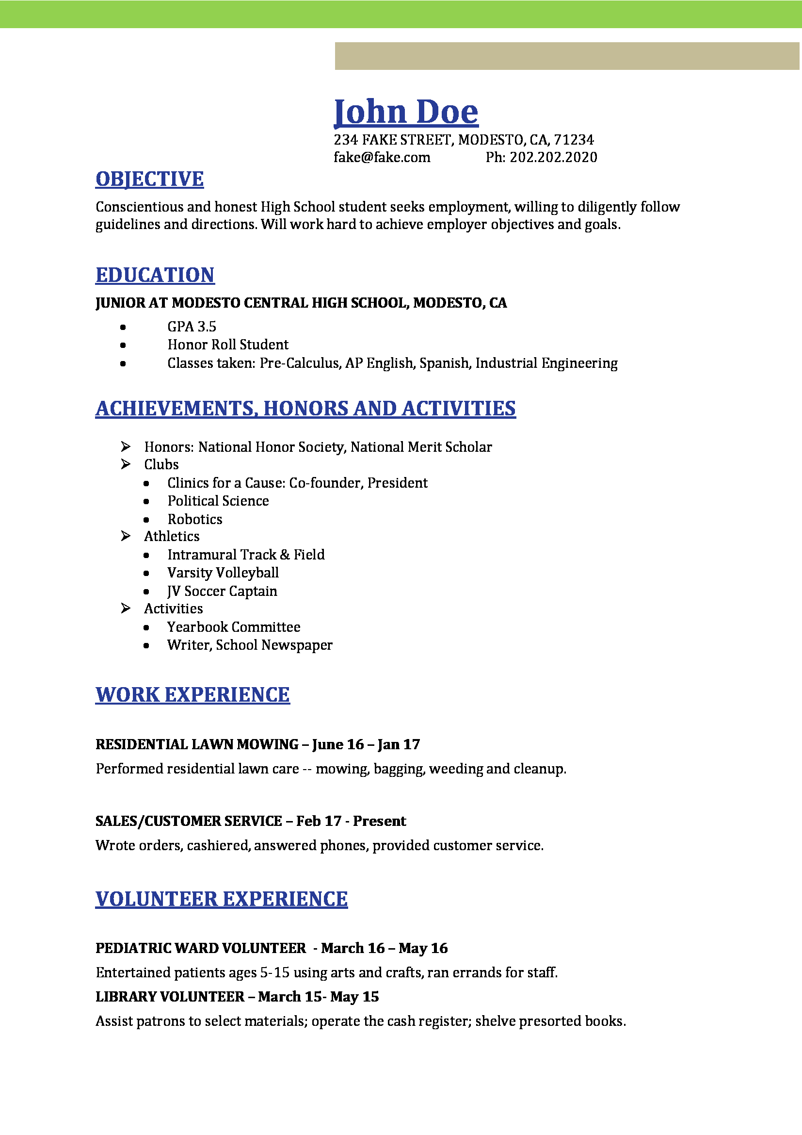 resume template for high school students